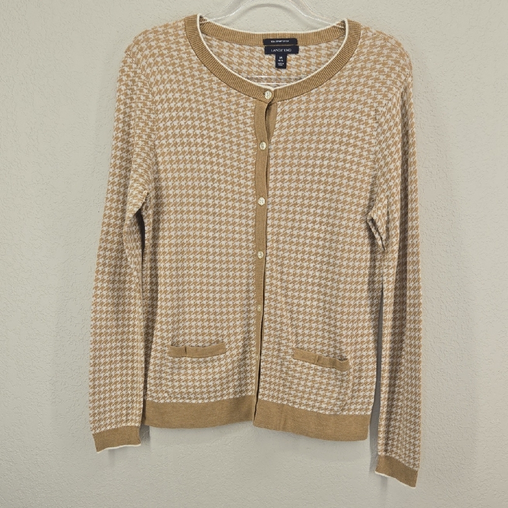 Lands End Houndstooth Cardigan in Tan Size Medium 10-12